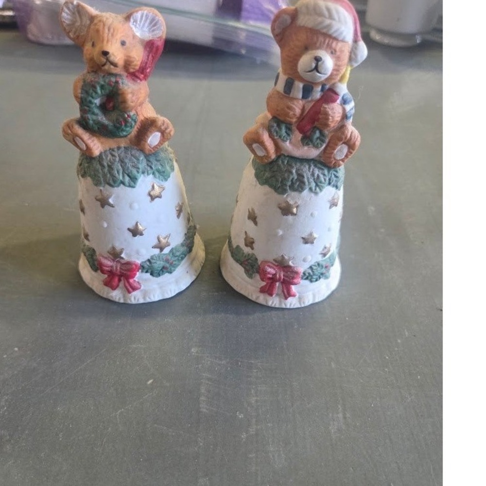 Vintage Christmas Ceramic Bells Set Mouse and Teddy Bear Holiday Decor 4 Inch